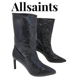 Allsaints Orlana Shimmer Black Boots Sz 10 Shimmery Leather Pointed Toe fall